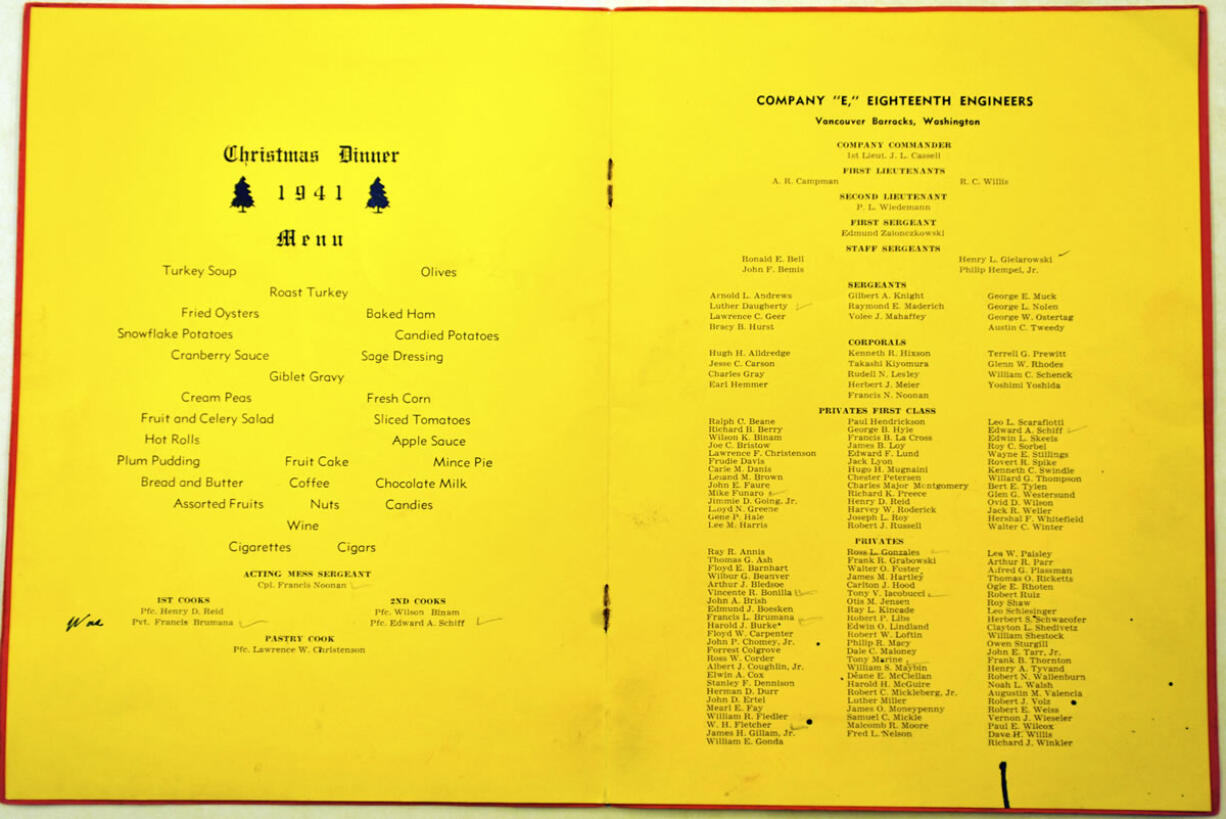 The 1941 Christmas dinner menu for Company E, 18th Engineers, based at Vancouver Barracks, included both the list of comestibles and the roster of the company.