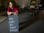 After Crestline Elementary was destroyed by fire last month, Payton Rush, 9, and all the Crestline fourth-graders were moved to Fircrest Elementary for the remainder of the year. Payton met Gov.