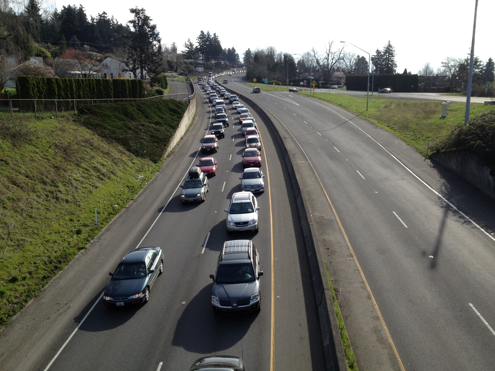 Traffic remained sluggish on state Highway 14 Monday morning after a wrong-way crash clogged traffic on Interstate 205.