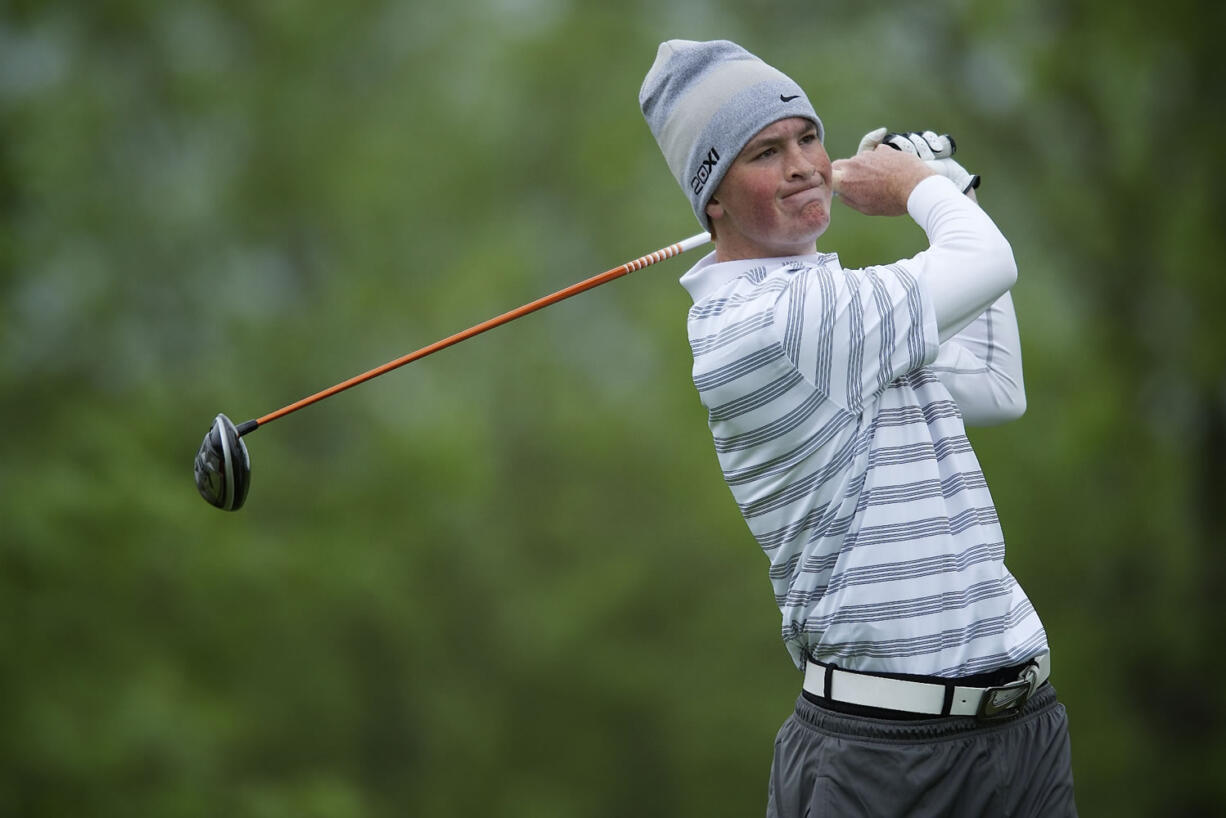 Brian Humphreys of Camas tees off on the fourth hole at Camas Meadows Golf Course in the Class 4A boys state golf tournament on Tuesday.