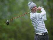 Brian Humphreys of Camas tees off on the fourth hole at Camas Meadows Golf Course in the Class 4A boys state golf tournament on Tuesday.