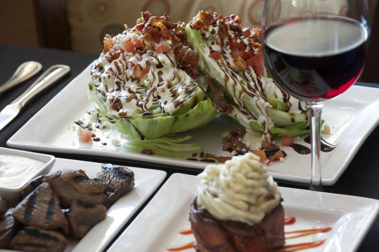 BLT wedge salad, steak tips and meatloaf muffin (&quot;frosted&quot; with mashed potatoes) at the Main Event East.