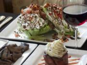 BLT wedge salad, steak tips and meatloaf muffin (&quot;frosted&quot; with mashed potatoes) at the Main Event East.