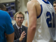 The Clark College men's basketball team head coach Alex Kirk during a timeout in the first half against Portland Community College inside the O'Connell Center at Clark on Wednesday November 28, 2012.