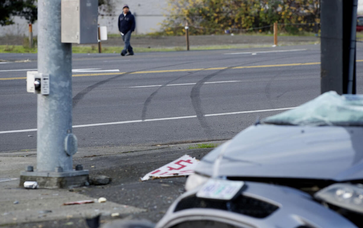 The Mazda sedan created &quot;critical speed scuffs&quot; as it drifted sideways across Highway 99, said sheriff's Sgt. Dennis Pritchard.