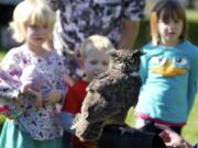 Photos by STEVEN LANE/The Columbian
The Musser kids, from left, Mercedes, 6, Lincoln, 3, and Alexis, 7, from Kelso stop to see Julio, a great horned owl visiting from the Portland Audubon Society during the Birdfest celebration in Ridgefield on Sunday. About 3,000 people visited the weekend festival.