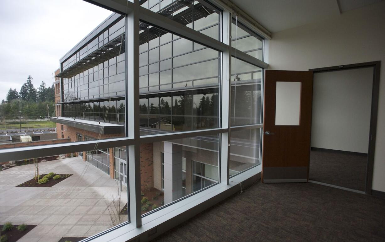 The view from a west-facing window inside the media center of the new Henrietta Lacks Health and Bioscience High School, which opens in the fall.