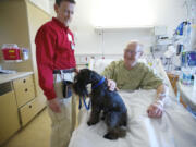 Legacy Salmon Creek Medical Center volunteer Peter Christensen, left, and his therapy dog, Mukaluka Dirtypaws, visit with Cougar resident Bob Wenzel, who was preparing to undergo surgery.