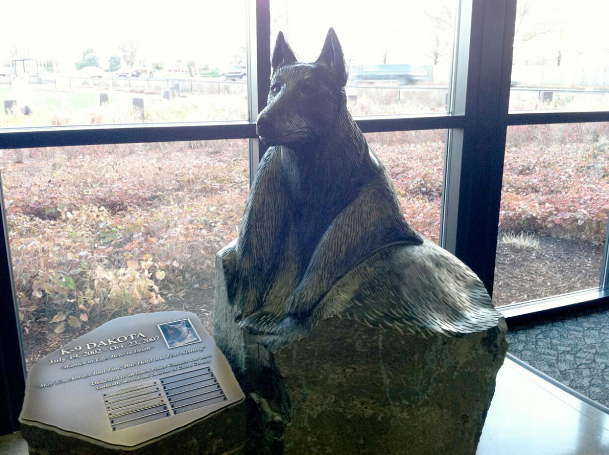 Airport Green: A memorial plaque honoring the K-9 dogs that have died in Clark County is now permanently on display at the Vancouver Police Department East Precinct, 520 S.E.