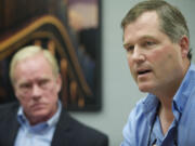 State Reps. Paul Harris, R-Vancouver, left, and J.T. Wilcox, R-Yelm, meet with The Columbian editorial board Monday morning. Wilcox served as the minority floor leader for the Republican caucus in the House, while Harris served as the minority whip.