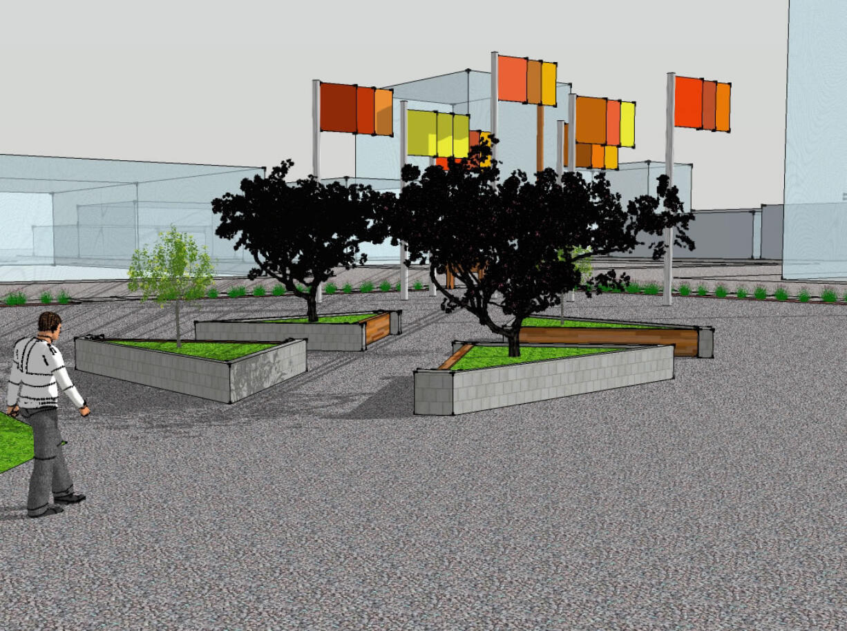 DEREK CHISHOLM
An initial model of the temporary park shows pathways connecting the vacant block's corners, planters with trees, flags and interpretive signs.