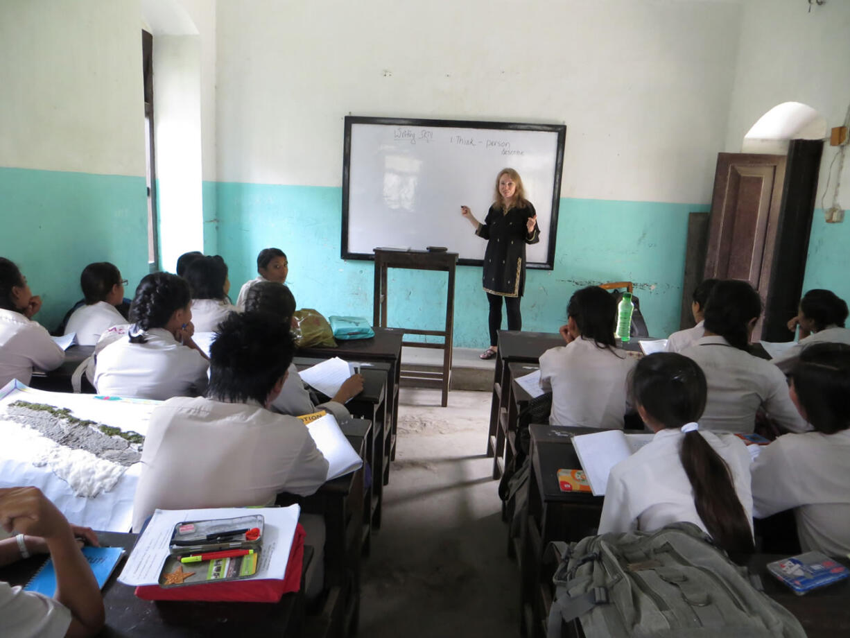 Bev Questad taught English at Shree Madan Smarak School in Kathmandu over the summer. She also taught in an orphanage and ran a teacher training workshop in the orphanage. &quot;I realize that I've won the geographic lottery,&quot; Quested said. &quot;I am begged for help by teachers and students asking, 'Please help me get into a U.S. university.' Learning English and having a degree from a U.S.