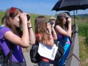 Washougal: Canyon Creek Middle School sixth-graders Rachel McDonald, from left, Allie DuBose and Audrey Hinchliff get a closer look at nature with binoculars during outdoor school, held June 6 and 7 at Steigerwald Lake National Wildlife Refuge and Beacon Rock State Park.