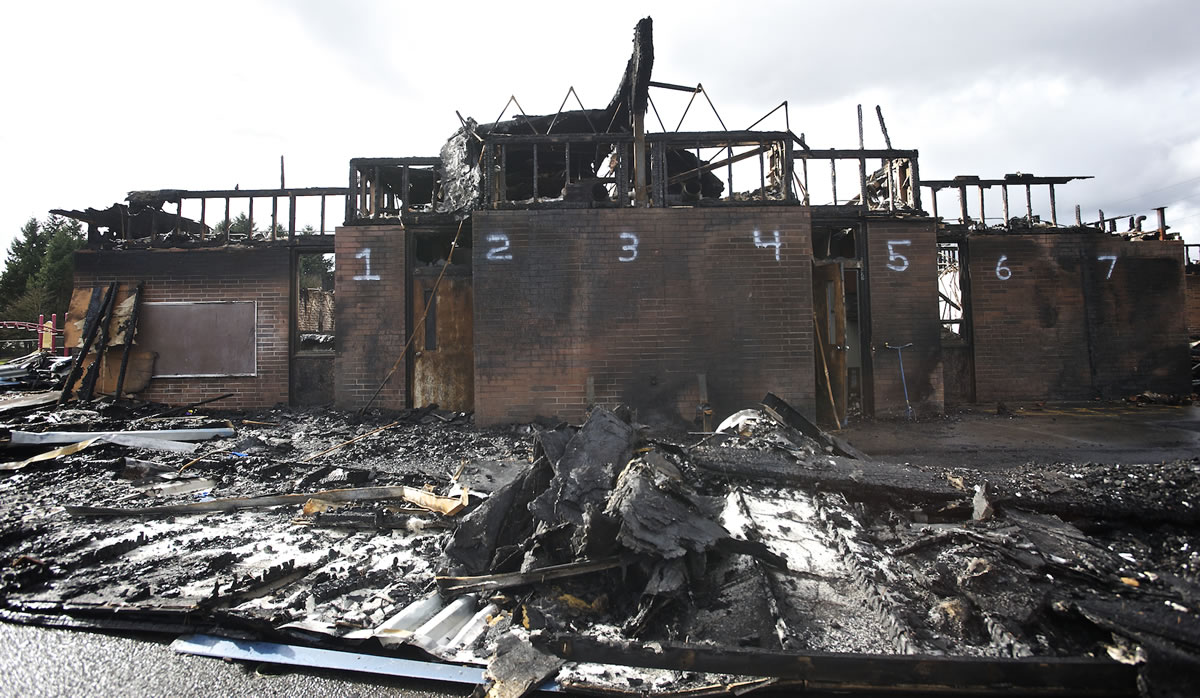 Numbers identify segments of the exterior wall of Crestline Elementary after fire ripped through the school in the early morning of Feb. 3.