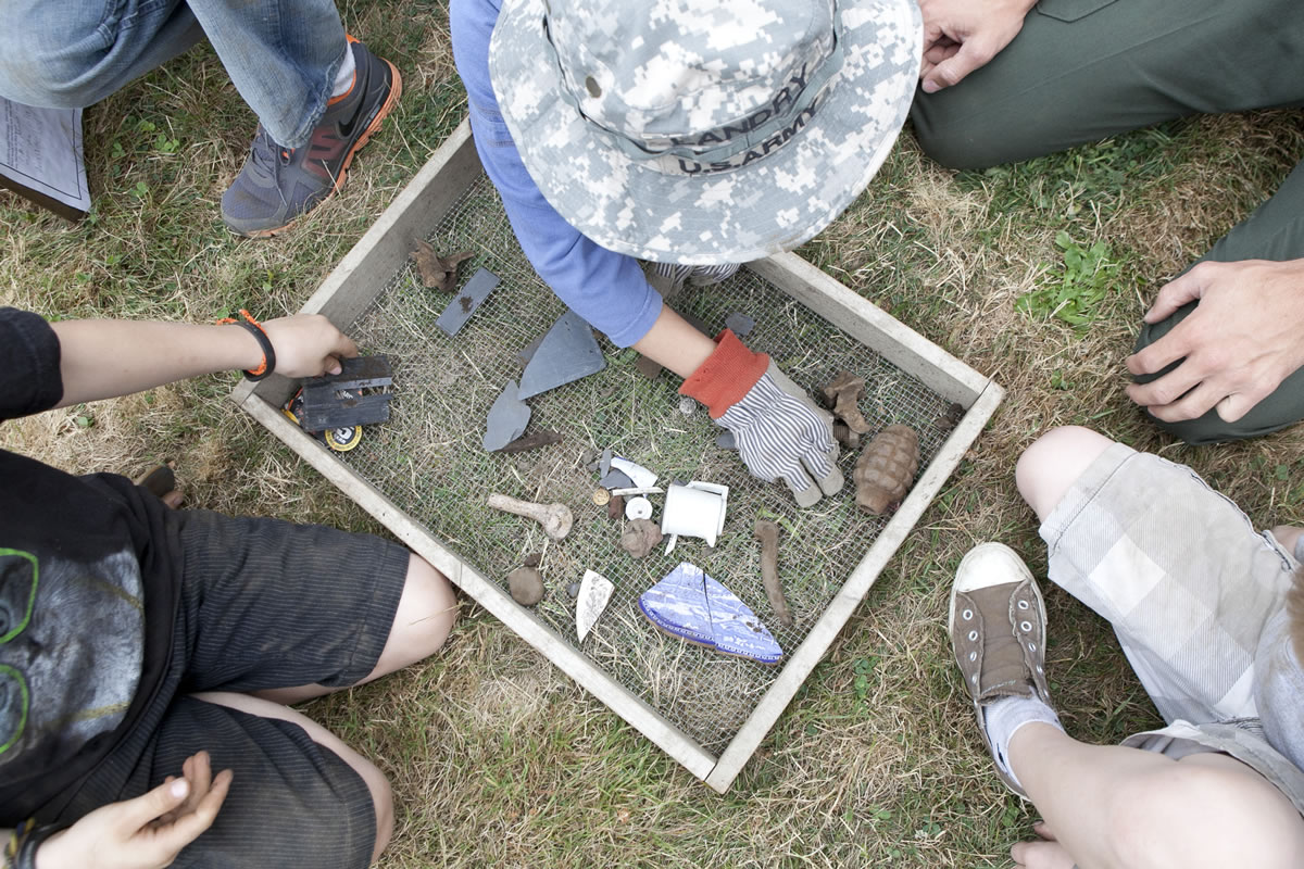 A sifting screen holds items unearthed in the dig.