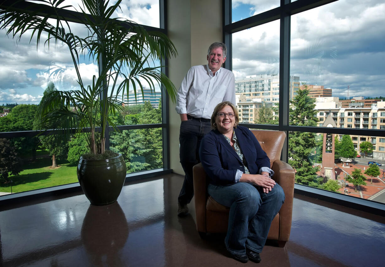 Betsy Henning, CEO and founder of AHA!, and Steve Shields, managing director, say managing company growth could be the biggest challenge that lies ahead for their company, which occupies a sixth-floor office overlooking Esther Short Park in downtown Vancouver.