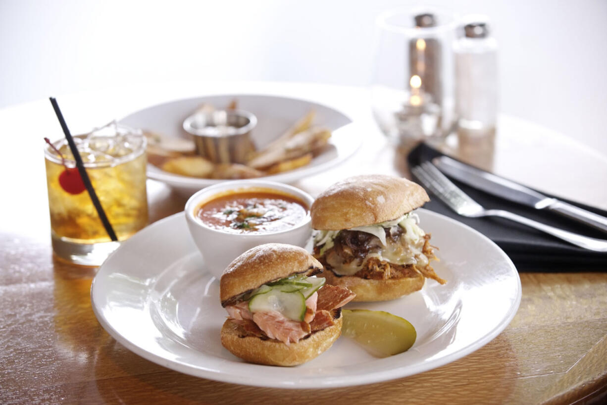 Barbecue Pork Slider and a Smoked Salmon &amp; Cucumber Slider with Sweet Potato Fries at Charlies Bistro in downtown Vancouver.