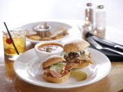 Barbecue Pork Slider and a Smoked Salmon &amp; Cucumber Slider with Sweet Potato Fries at Charlies Bistro in downtown Vancouver.