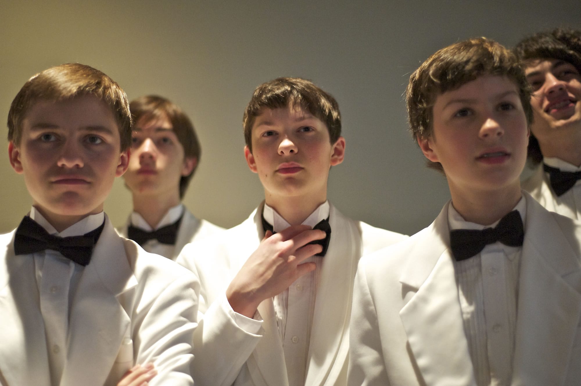 John Morud-Williamson, 17, from left, Josh Peltz, 14, Taylor Griffin, 14, Quin McIntire, 14, and Colescott Rubin, 16, of Portland, members of the American Music Program's Thara Memory ensemble, watch a band perform during the annual Clark College Jazz Festival on Saturday.