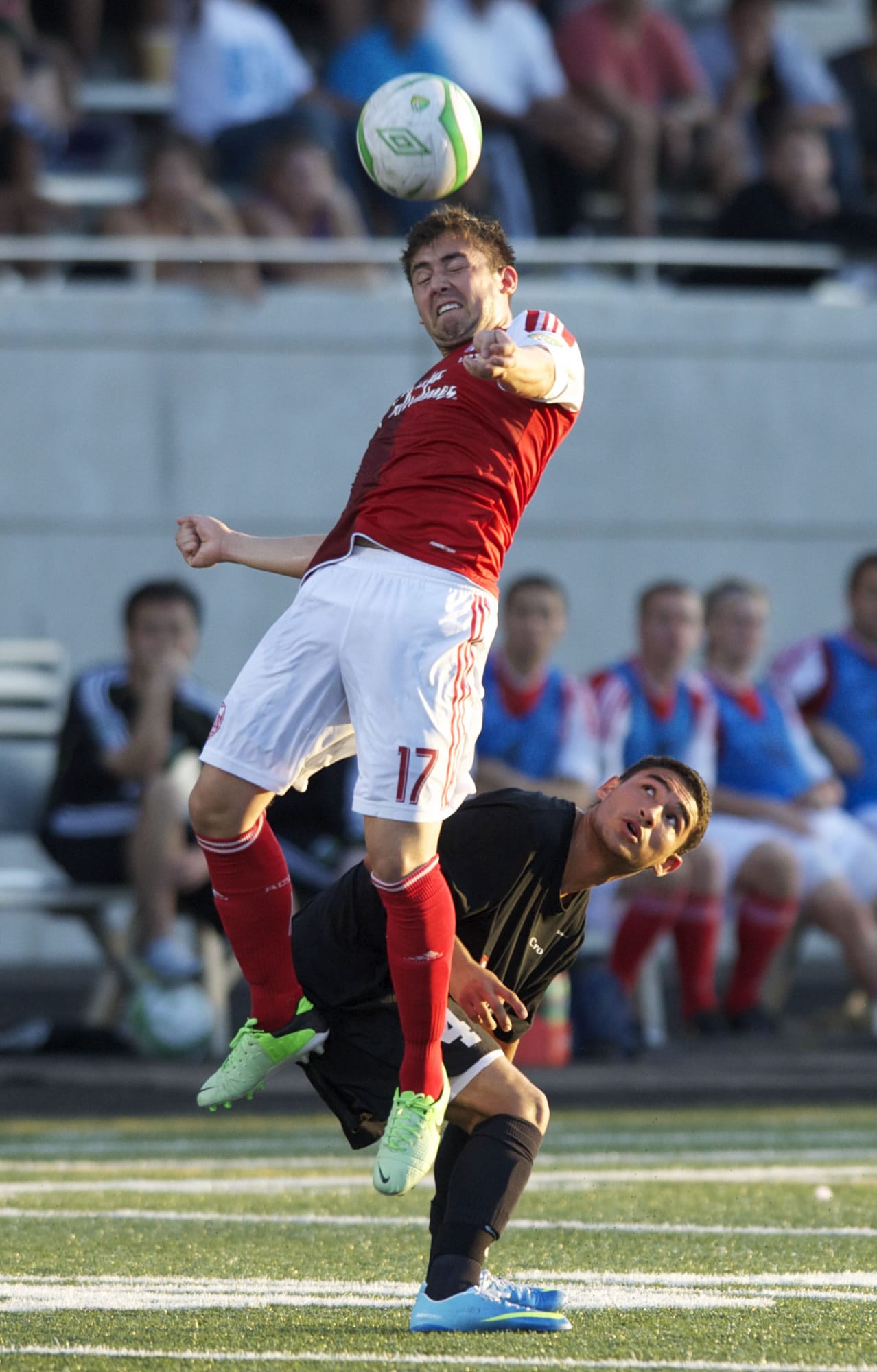 Portland Timbers U-23 player Bryan Gallego controls the ball against the Washington Crossfire's Garret Jackson during the Crossfire's 3-2 win at Doc Harris Stadium.