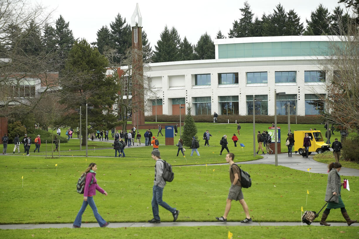 Some of Clark College's 14,000 students make their way to class on Jan. 7. Community volunteer Jan Oliva and college President Bob Knight announced Wednesday night the launch of the Ensuring a Bright Future campaign to raise $20 million for the college.