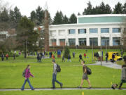 At Clark College's main campus in Vancouver, students make their way to classes during the first day of the winter semester in January.