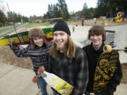 Yacolt skaters Mark King, 16, from left, Taylor Carothers, 19, and Zach Carothers, 18, at the new Yacolt Skate Park.