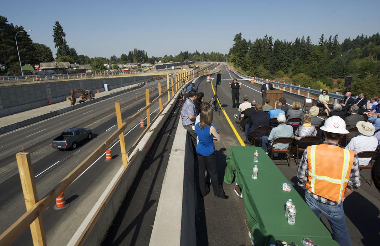 Photos by Steven Lane/The Columbian
A ribbon-cutting ceremony on Wednesday marked the full opening of a new interchange at St. Johns Boulevard and state Highway 500 in Vancouver. Crews opened the interchange three months early, but other parts of the $48 million project are expected to continue until the end of this year.