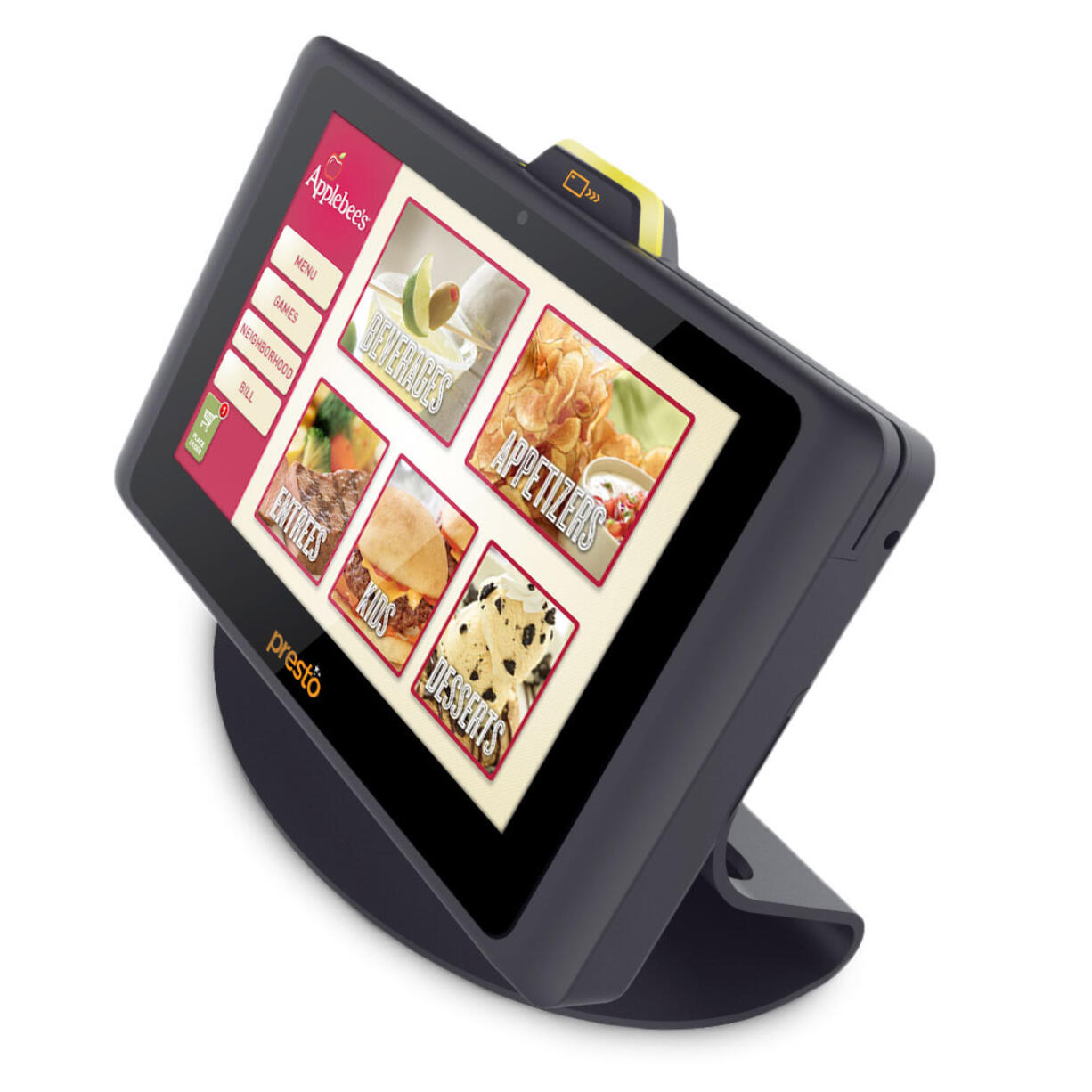 Tables at Applebee&#039;s restaurants in Vancouver feature this optional tablet device that can be used to order food and pay the tab.