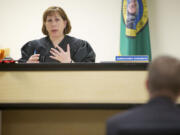 Superior Court Commissioner Carin Schienberg presides over a case at Clark County Family Court last week.