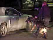 Deputy Brian Ellithorpe and Saver, a Clark County Sheriff's Office K-9 team, participate in a traffic stop at Northeast 137th Avenue and Fourth Plain Road this month.