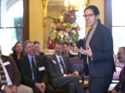 Priya Guha, British consul general in San Francisco, meets with local leaders Tuesday at the Marshall House.