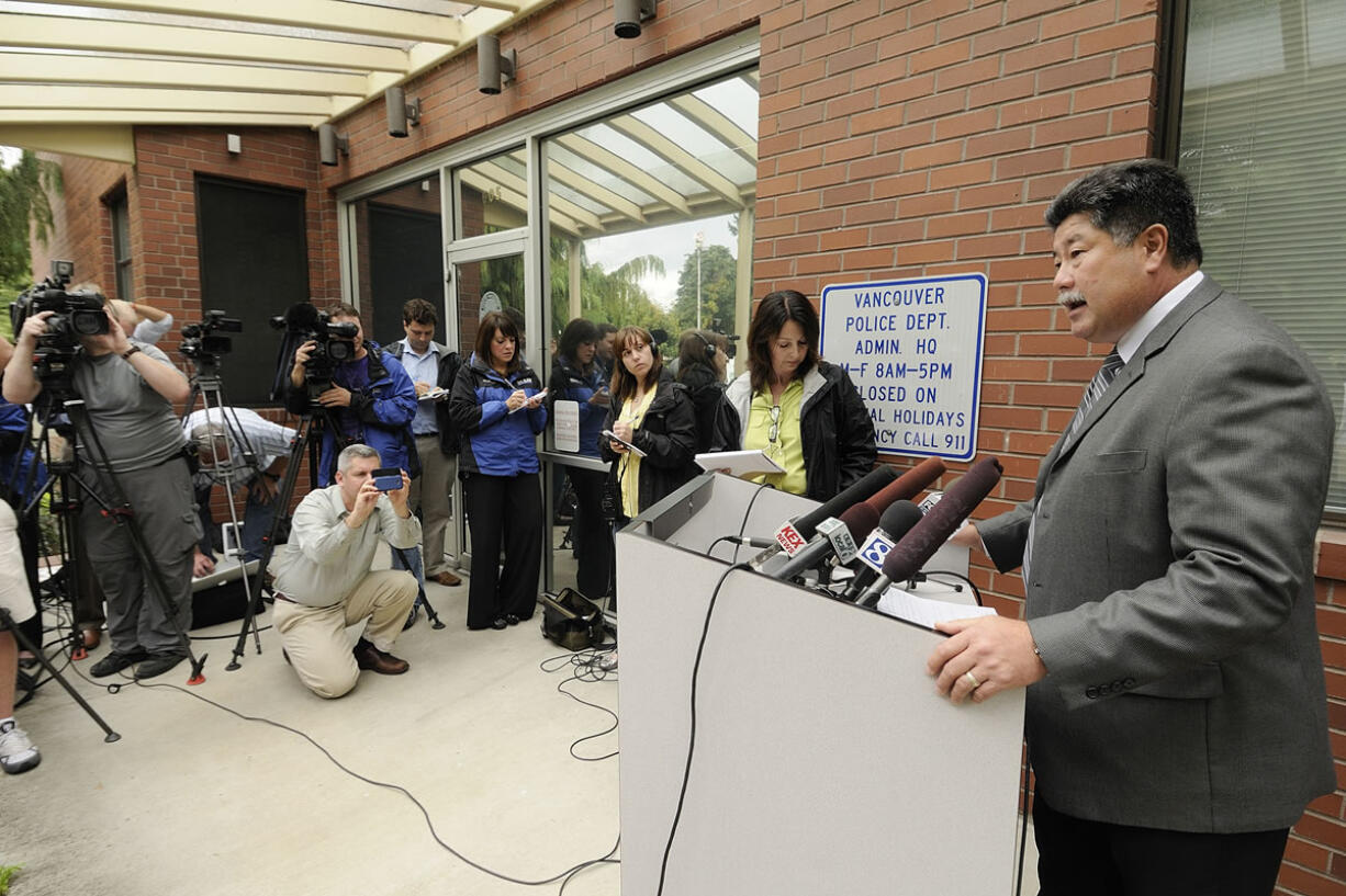 Clifford Cook, then Vancouver's police chief, addresses members of the media about the Bethany Storro case Sept.