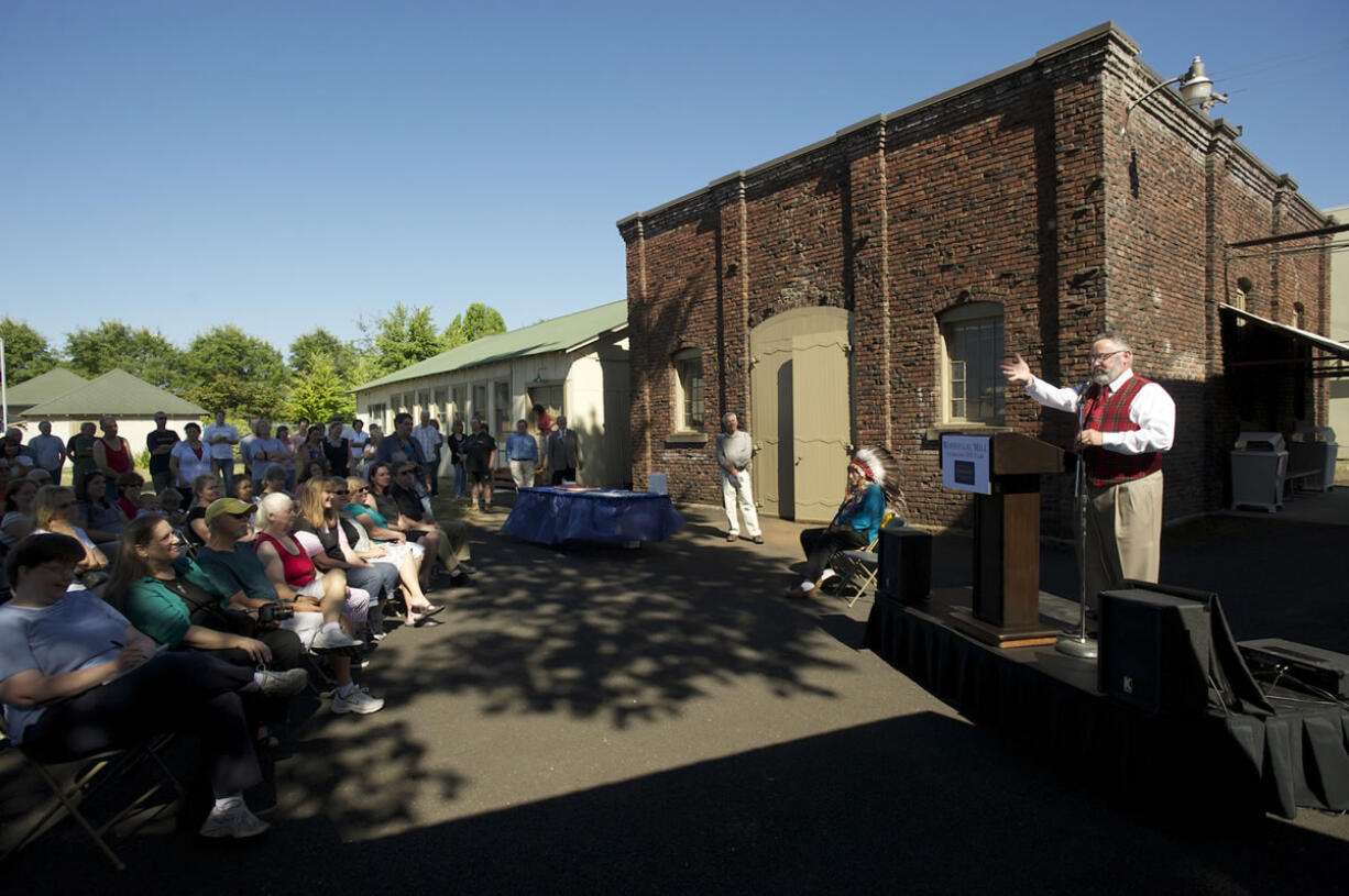 Washougal Mayor Sean Guard addresses the crowd gathered Friday morning for the 100th anniversary celebration of Pendleton Woolen Mills' existence in the city.