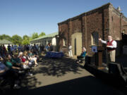 Washougal Mayor Sean Guard addresses the crowd gathered Friday morning for the 100th anniversary celebration of Pendleton Woolen Mills' existence in the city.