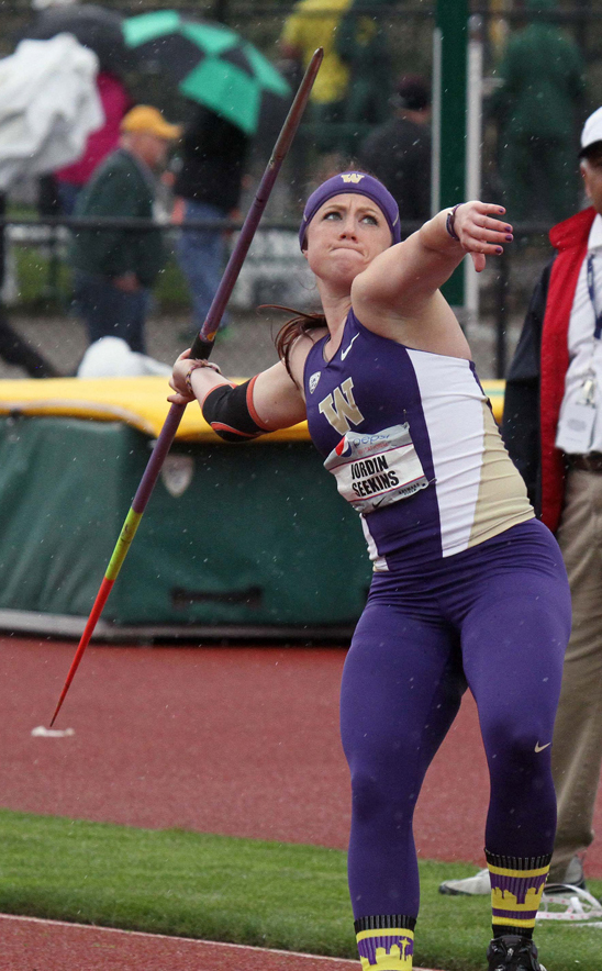 University of Washington's Jordin Seekins won the women's javelin at the Pepsi Team Invitational meet held April 6 at the University of Oregon in Eugene.