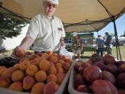 Ron Peterson of Felida picks out apricots from the Ayala Farms produce booth on the opening day of the Salmon Creek Farmers' Market on Thursday.