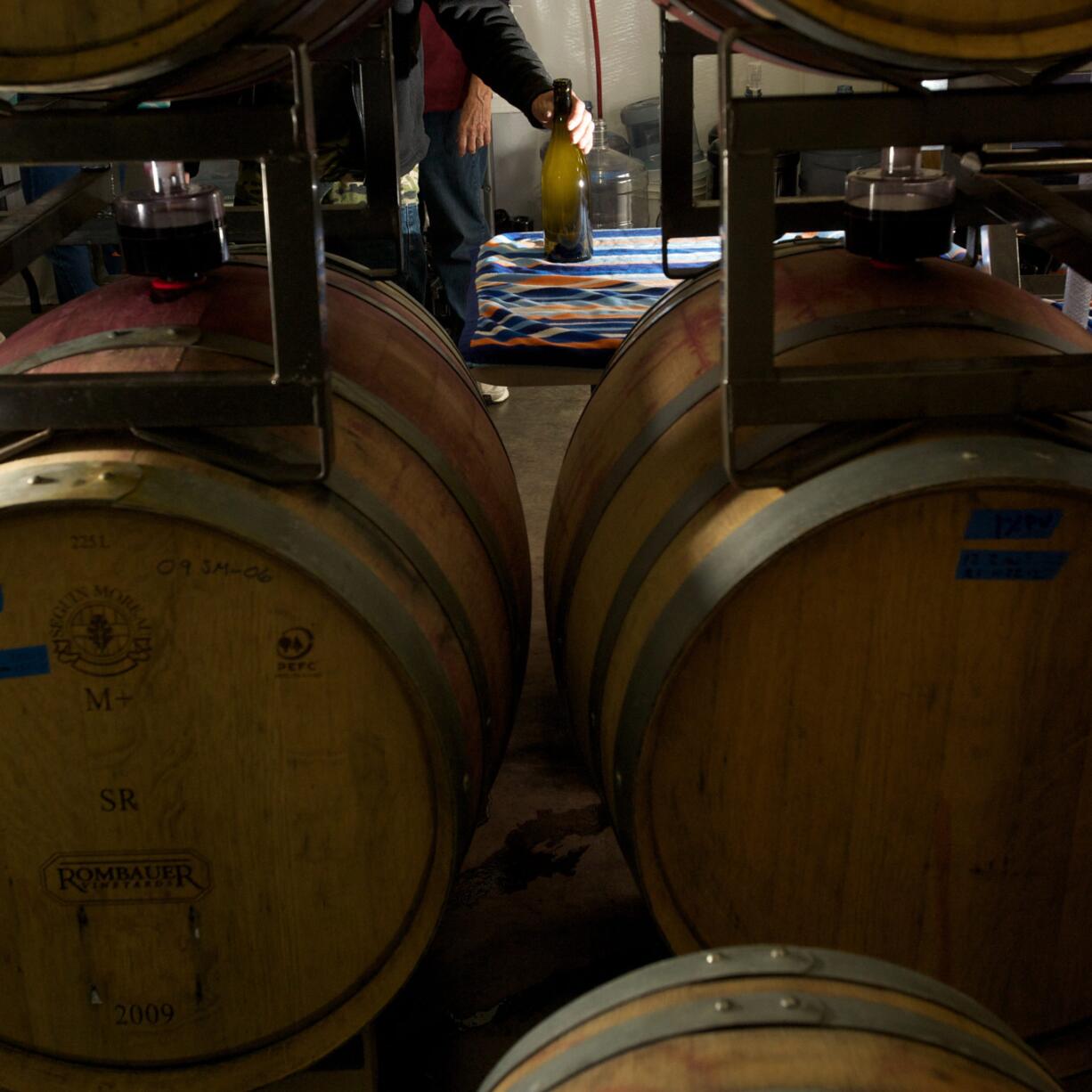 Wine club members help bottle wine at Confluence Vineyards and Winery in preparation for the Craft Winefest of Vancouver.