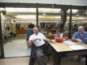 Childhood friends Bill McGinnis, left, and Teddy Peetz share a cup of coffee after donating blood platelets.