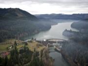 If built, a proposed 500-kilovolt transmission line would cross the Clark-Cowlitz county line just below Merwin Dam, shown here.