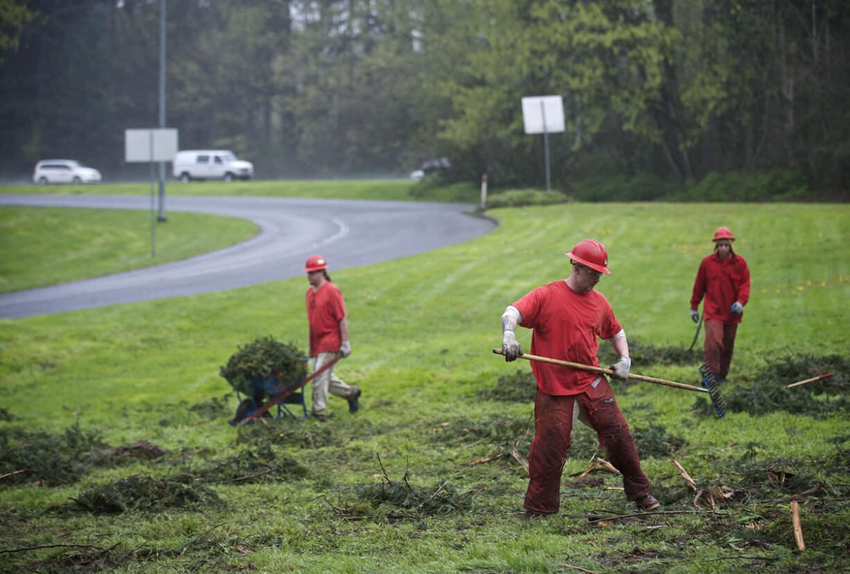 Inmates with the Larch Corrections Center's community work crew trim hedges and clear debris at the Gee Creek rest stop east of Battle Ground earlier this month.