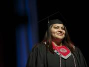 Monica Santos-Pinacho receives the Chancellor's Award for Student Achievement during the WSUV graduation ceremony at the Sleep Country Amphitheater on Saturday.