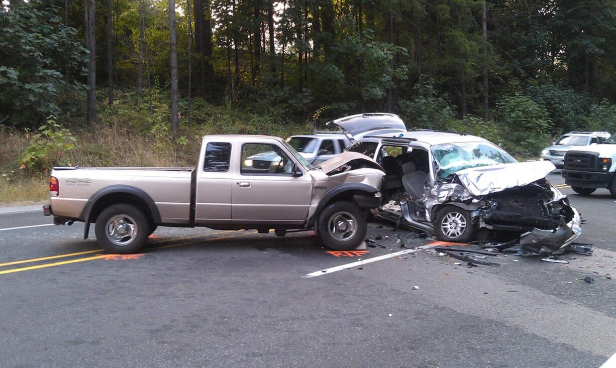 Four people were injured in a head-on collision Monday evening on state Highway 503 near Lewisville Park.