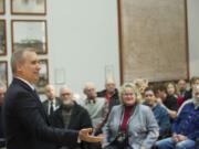 Clark County Commissioner David Madore speaks after taking the oath of office at the county services building on Wednesday.