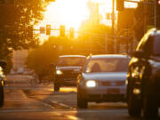 Late afternoon traffic looking west down Evergreen Boulevard at Main Street in downtown Vancouver in late September.