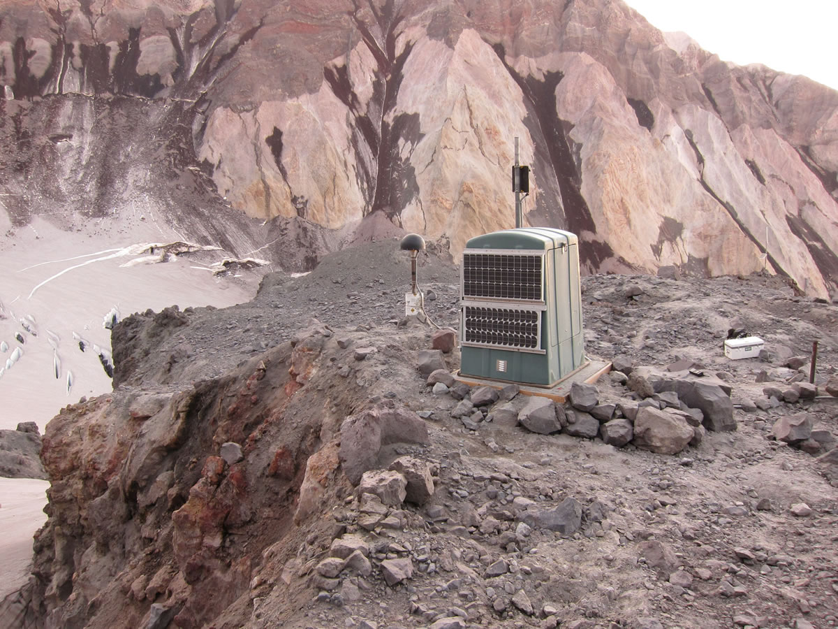 Among this year's research equipment upgrades at Mount St. Helens are a fiberglass hut designed to protect monitoring devices from the elements during harsh winter months.