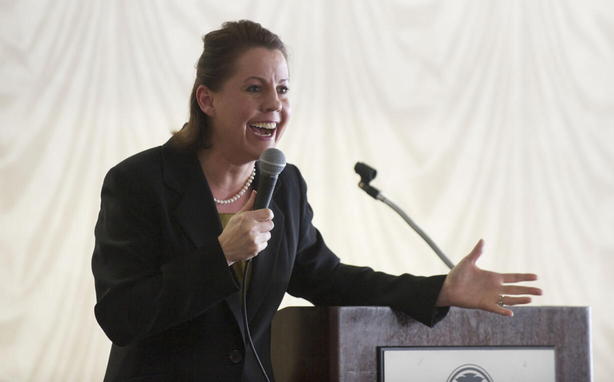 State Sen. Ann Rivers, R-La Center, speaks at a rally hosted by opponents of the CRC at the Red Lion at the Quay on March 29.