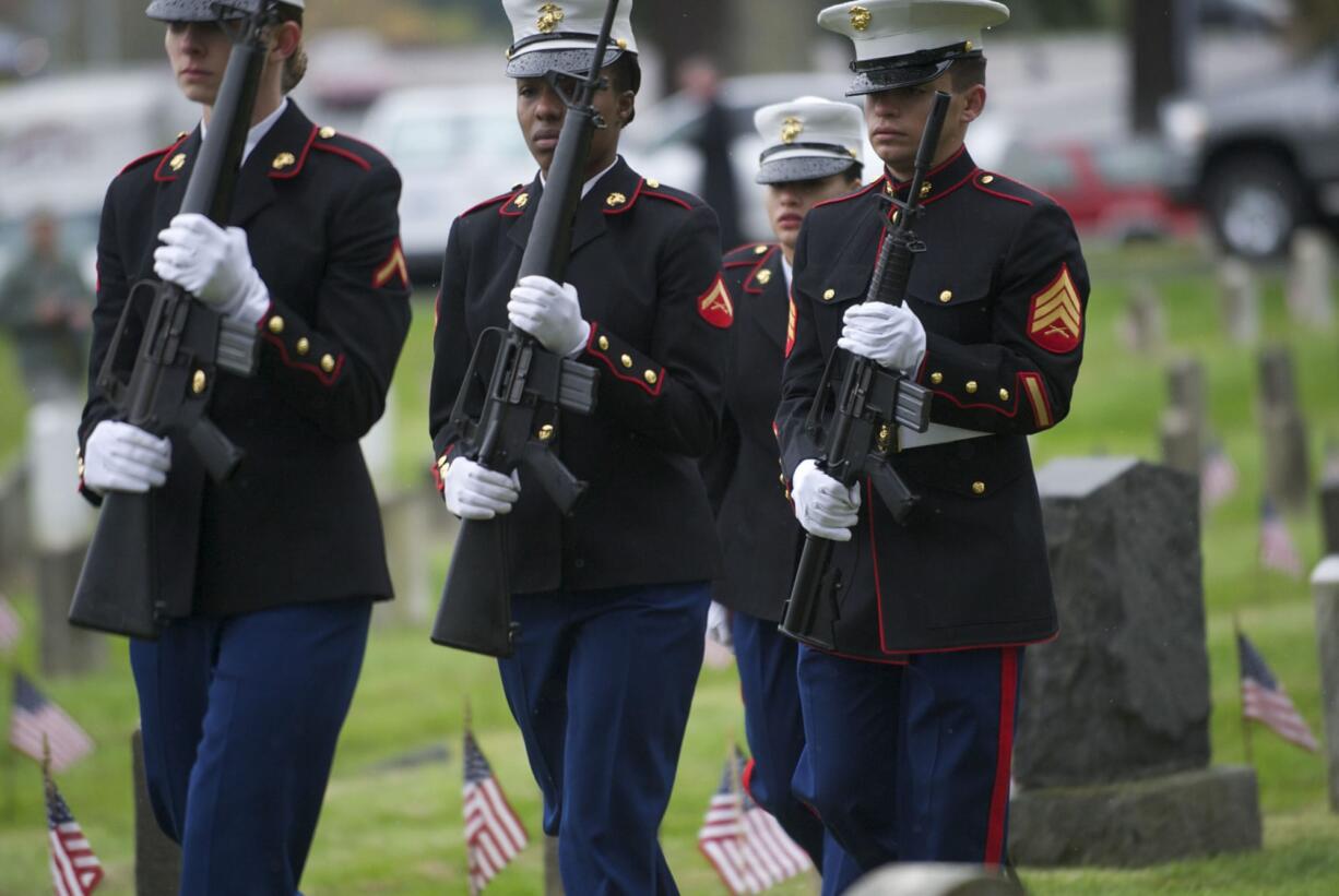 Marines from the 6th Marine Support Battalion from Swan Island march during the Veterans Day ceremony in Vancouver.