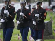 Marines from the 6th Marine Support Battalion from Swan Island march during the Veterans Day ceremony in Vancouver.