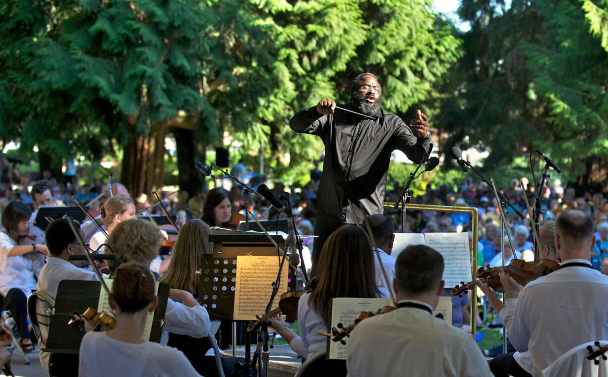 Noted conductor Awadagin Pratt leads the Vancouver Symphony Orchestra in a free concert at Esther Short Park on Sunday.